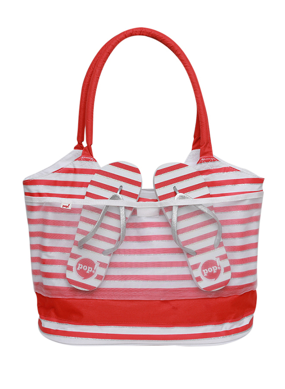 Pop Nylon Tote Handbag and Silver Glitter Slippers Set for Women, 40, Red/White Stripe